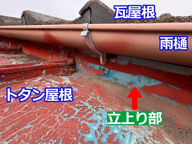瓦屋根と接するトタン製屋根の立上り部分は、雨水による劣化が集中しやすい場所